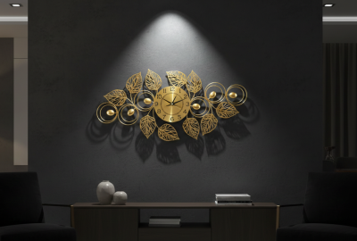 Elegant Golden Leaf Scrollwork Wall Clock Nature Inspired Metal Art