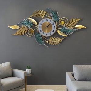Elegant Gold & Green Leaf Metal Wall Clock