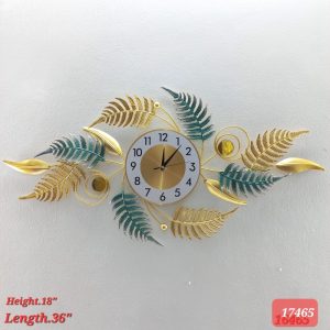 Elegant Gold & Green Leaf Metal Wall Clock