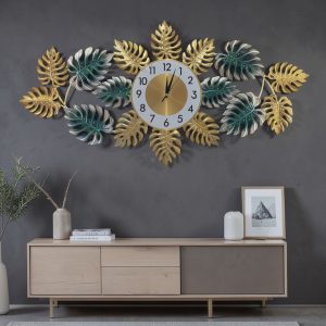 Luxury Gold and Teal Tropical Leaf Metal Wall Clock Modern Decorative Art