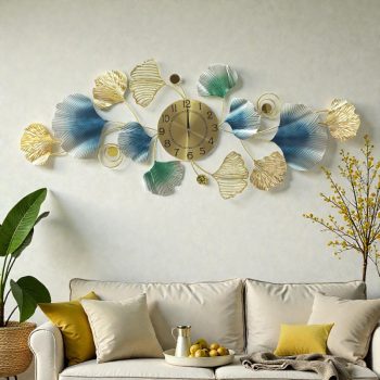 Luxury Metal Leaf Wall Clock Gold & Blue Modern Art