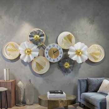 Modern Floral Metal Wall Clock Gold White and Charcoal Decorative Art